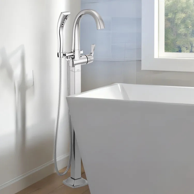 Delta Stryke Floor Mount Tub Filler Trim, Single Lever Handle, H2Okinetic, 1.75 GPM Hand Shower, Lumicoat Chrome - T4777-PR-FL