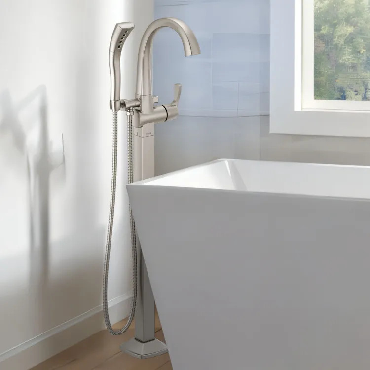 Delta Stryke Floor Mount Tub Filler Trim, Single Lever Handle, H2Okinetic, 1.75 GPM Hand Shower, Lumicoat Stainless - T4777-SS-PR-FL