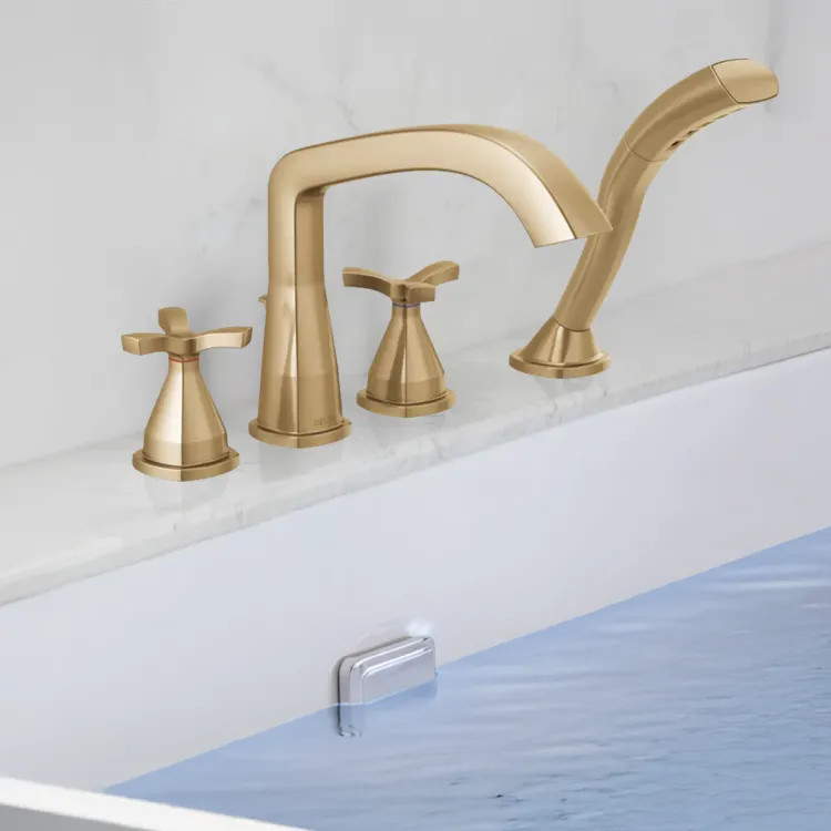 Delta Stryke Two-Handle Roman Tub Faucet Trim With 1.75 GPM Hand Shower, Rigid Spout, Lumicoat Champagne Bronze - T47766-CZ-PR