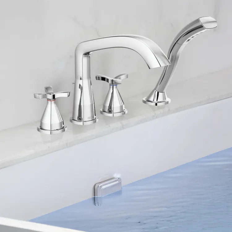 Delta Stryke Two-Handle Roman Tub Faucet Trim With 1.75 GPM Hand Shower, Rigid Spout, Lumicoat Chrome - T47766-PR