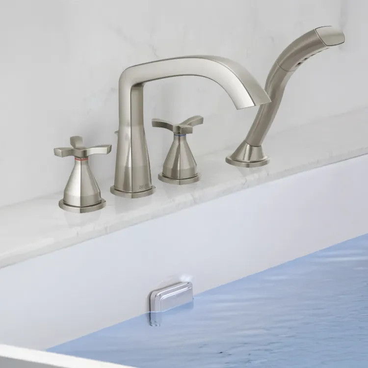 Delta Stryke Two-Handle Roman Tub Faucet Trim With 1.75 GPM Hand Shower, Rigid Spout, Lumicoat Stainless - T47766-SS-PR