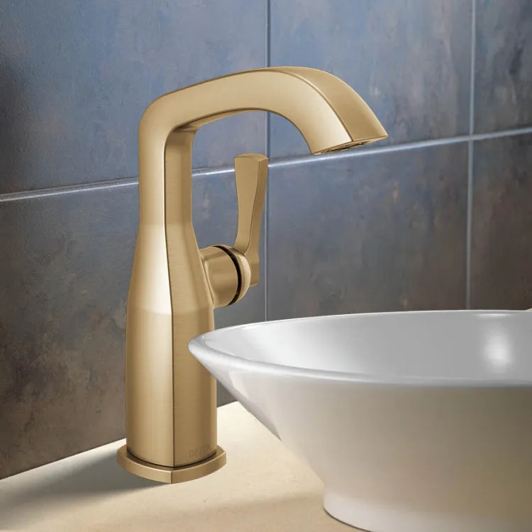 Delta Stryke Mid-Height Bathroom Faucet, Single Handle, Rigid Spout, Diamond Seal, ADA, 1.2 GPM, Lumicoat Champagne Bronze- 676-CZ-PR-DST
