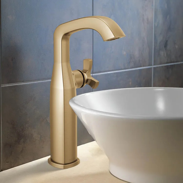 Delta Stryke Vessel Bathroom Faucet, Single Handle, Deck-Mount, Diamond Seal, 1.2 GPM, Lumicoat Champagne Bronze - 7766-CZ-PR-DST