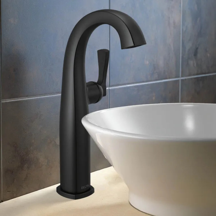 Delta Stryke Vessel Bathroom Faucet, Single Lever Handle, Deck Mount, Rigid Spout, Diamond Seal, ADA, 1.2 GPM, Matte Black - 777-BL-DST