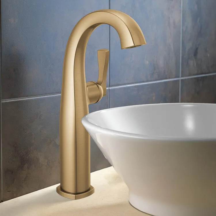 Delta Stryke Vessel Bathroom Faucet, Single Lever Handle, Deck Mount, Rigid Spout, Diamond Seal, ADA, 1.2 GPM, Lumicoat Champagne Bronze - 777-CZ-PR-DST
