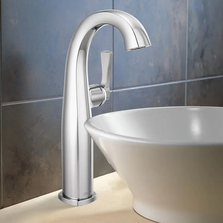 Delta Stryke Vessel Bathroom Faucet, Single Lever Handle, Deck Mount, Rigid Spout, Diamond Seal, ADA, 1.2 GPM, Lumicoat Chrome - 777-PR-DST