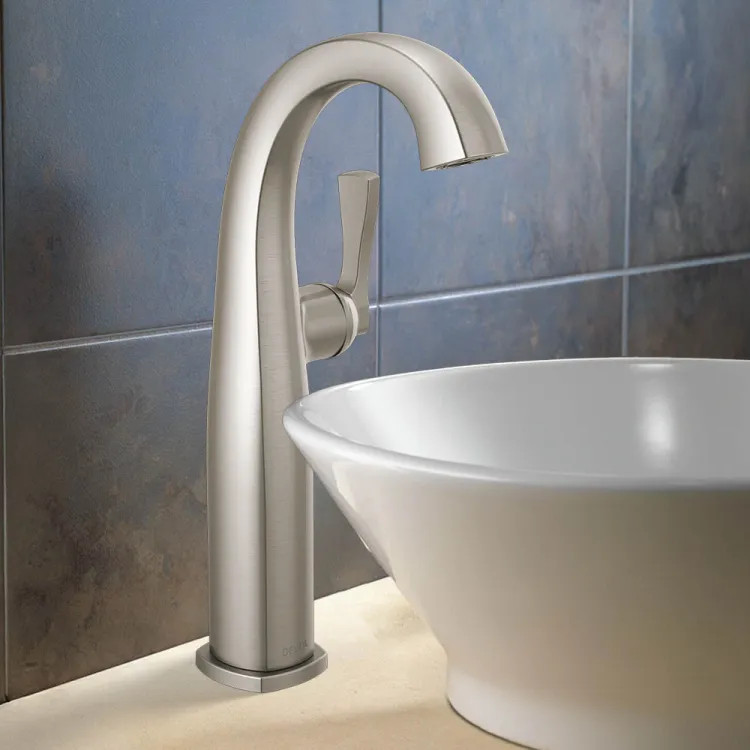 Delta Stryke Vessel Bathroom Faucet, Single Lever Handle, Deck Mount, Rigid Spout, Diamond Seal, ADA, 1.2 GPM, Lumicoat Stainless - 777-SS-PR-DST