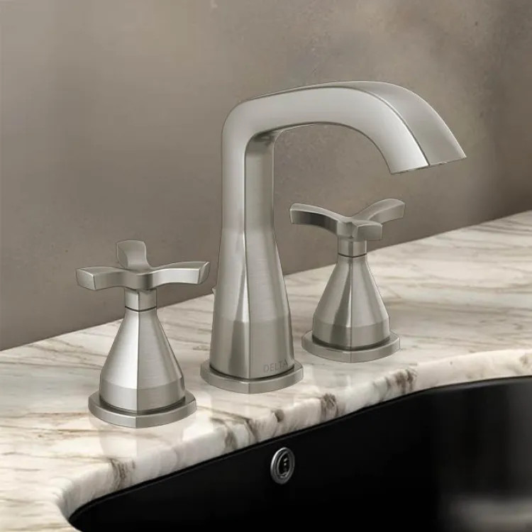 Delta Stryke Widespread Bathroom Faucet With Metal Pop-Up, Helo Spoke Handles, Diamond Seal, ADA, 1.2 GPM, Lumicoat Stainless - 357766-SS-PR-MPU-DST