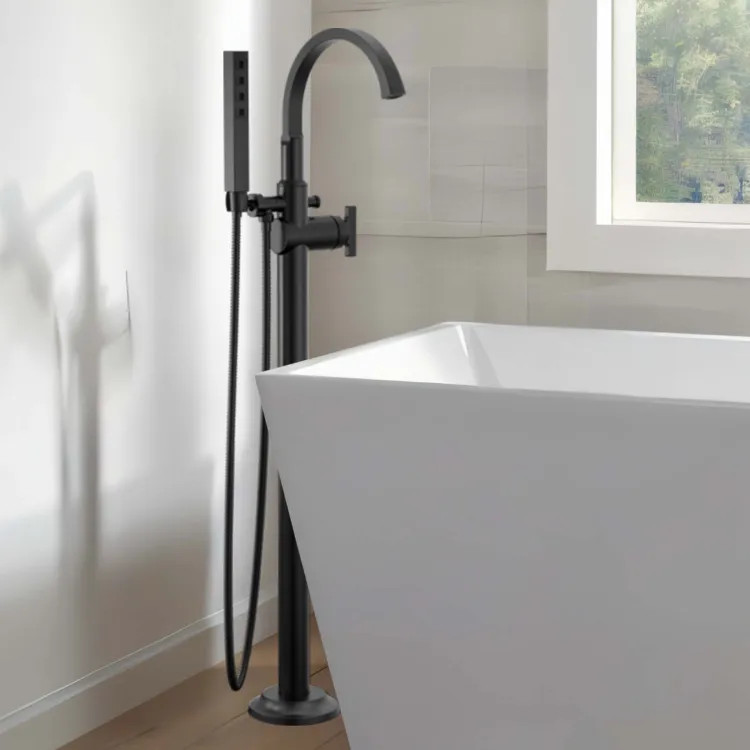 Delta Tetra Freestanding Tub Filler with 1.75 GPM Hand Shower, High Arc Spout, Less Handles, 10 GPM, Matte Black - T4788-BLLHP-FL