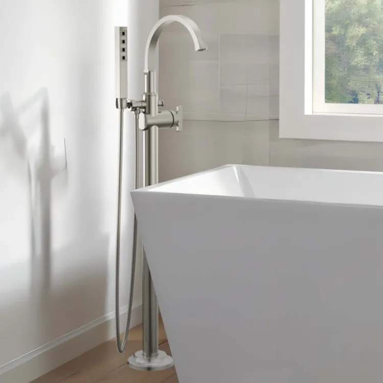 Delta Tetra Freestanding Tub Filler with 1.75 GPM Hand Shower, High Arc Spout, Less Handles, 10 GPM, Lumicoat Stainless - T4788-SS-PR-LHP-FL
