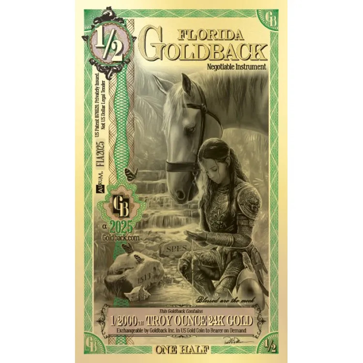 Goldback 1/2 Bill - Florida  SPES - 1/2000 Troy Oz.  Gold Minted Bill