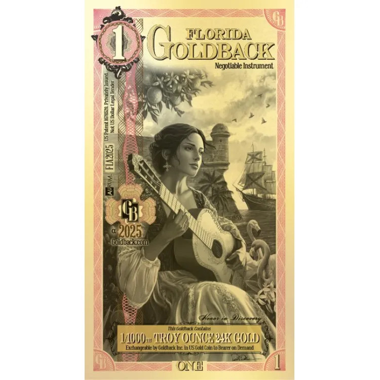 Goldback 1 Bill - Florida Harmonia - 1/1000 Troy Oz. Gold Minted Bill