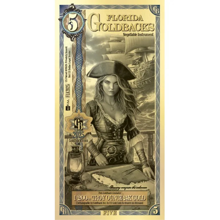 Goldback 5 Bill - Florida Audax - 1/200 Troy Oz. Gold Minted Bill