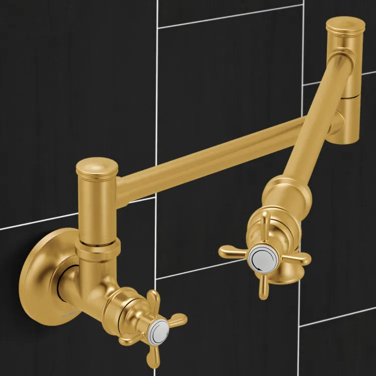 Moen Weymouth Wall-Mounted Two-Handle Swing Arm Kitchen Pot Filler Faucet, 5.5 GPM, Brushed Gold - S6641BG