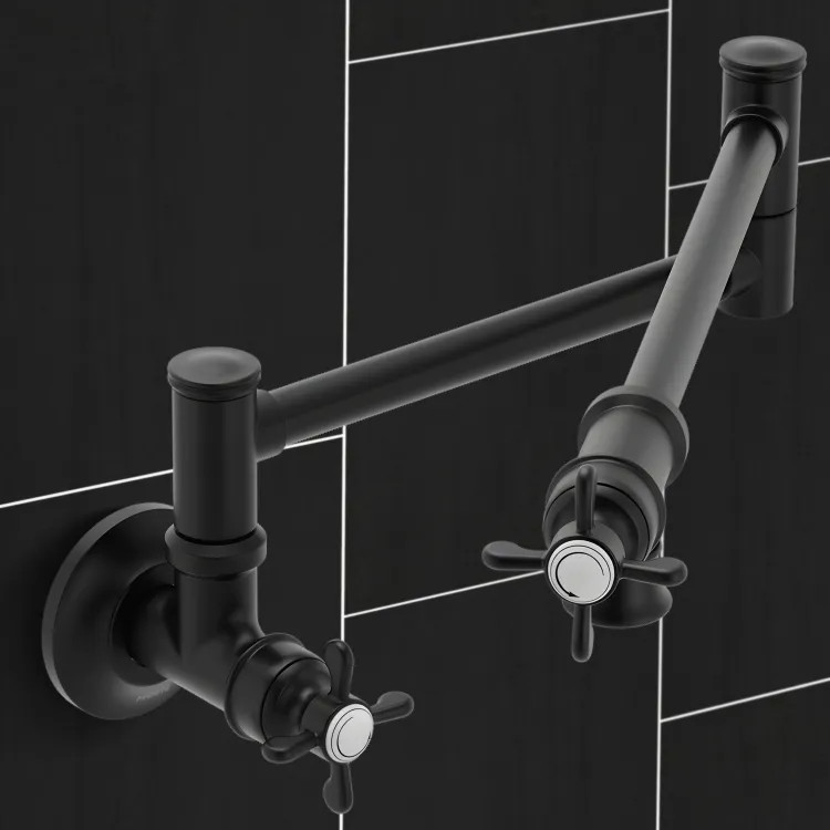Moen Weymouth Wall-Mounted Two-Handle Swing Arm Kitchen Pot Filler Faucet, 5.5 GPM, Matte Black - S6641BL