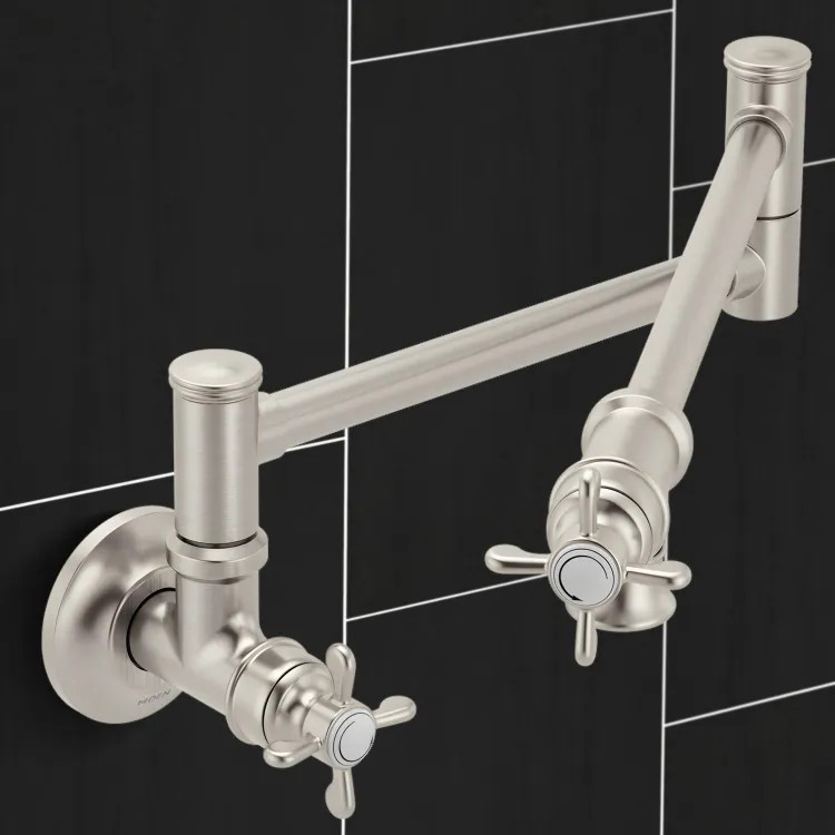 Moen Weymouth Wall-Mounted Two-Handle Swing Arm Kitchen Pot Filler Faucet, 5.5 GPM, Spot Resist Stainless - S6641SRS