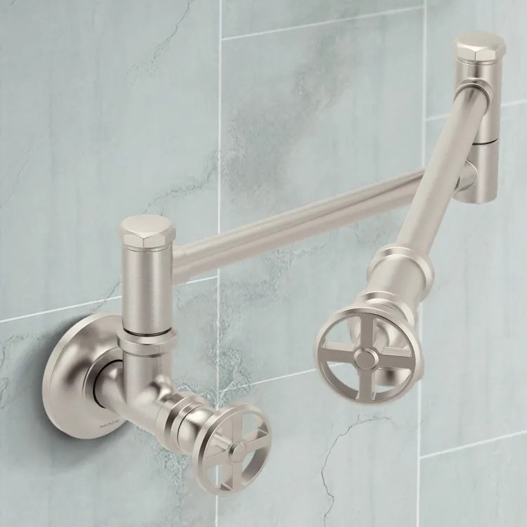 Moen Paterson Wall-Mounted Two-Handle Swing Arm Kitchen Pot Filler Faucet, 5.5 GPM, Spot Resist Stainless - S6642SRS