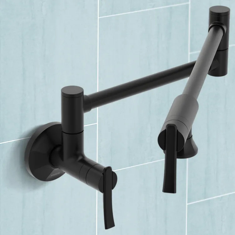 Moen Sinema Wall-Mounted Two-Handle Swing Arm Kitchen Pot Filler Faucet, 5.5 GPM, Matte Black - S6651BL