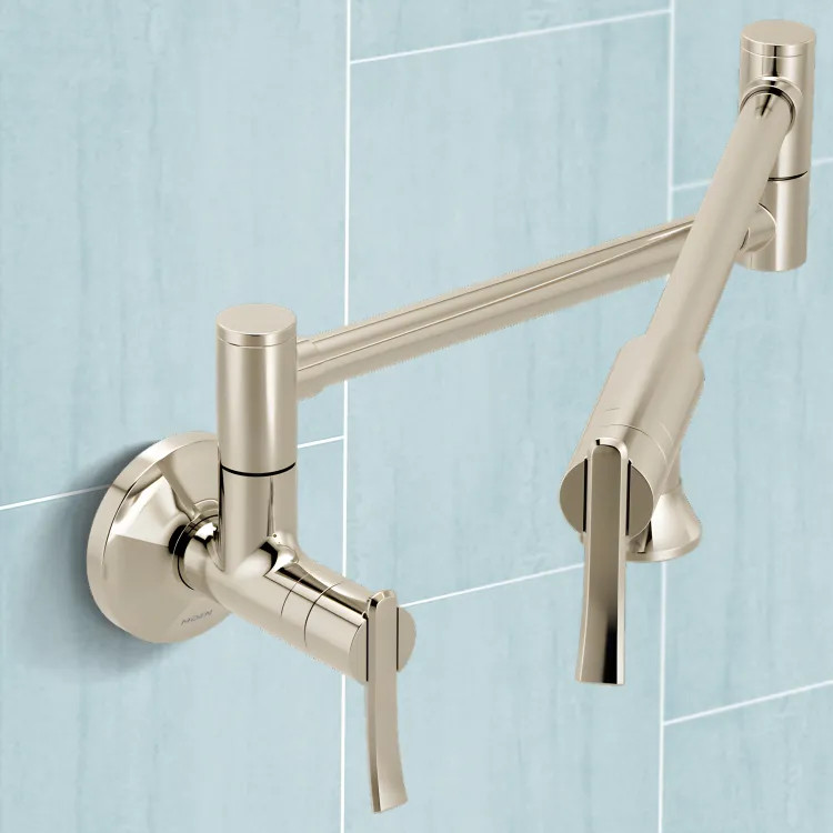 Moen Sinema Wall-Mounted Two-Handle Swing Arm Kitchen Pot Filler Faucet, 5.5 GPM, Polished Nickel - S6651NL