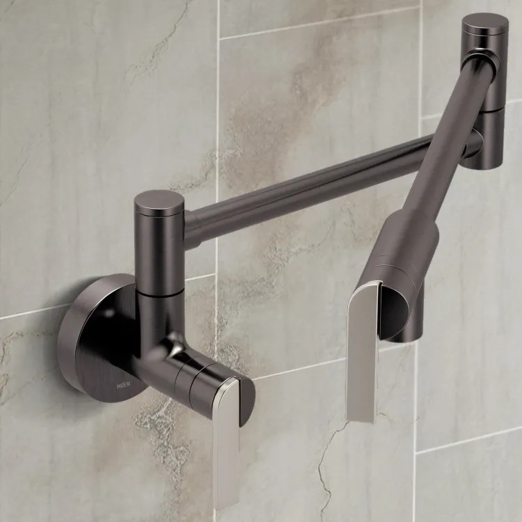 Moen NIO Wall-Mounted Two-Handle Swing Arm Kitchen Pot Filler Faucet, 5.5 GPM, Matte Black - S6653BL