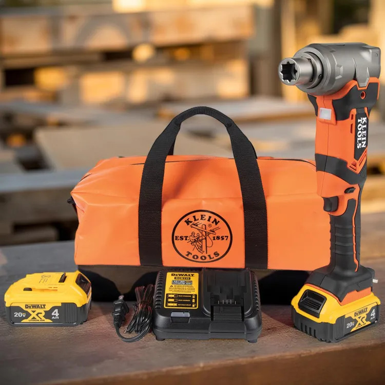 Klein 90-Degree Cordless Impact Wrench Kit with 7/16" Adapter, (2) 4 Ah Batteries, Charger, and Bag, 1800 RPM, 300 ft-lb - BAT20LW1