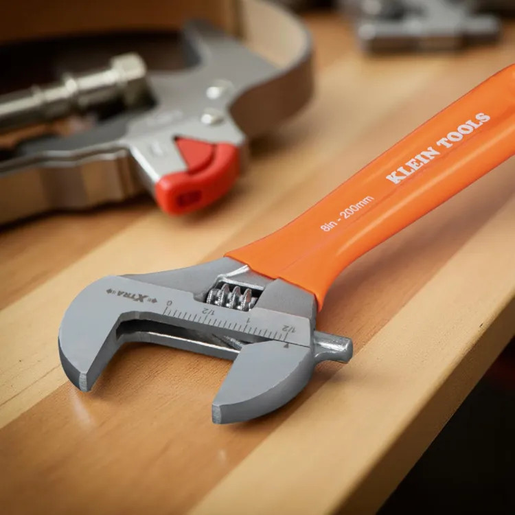 Klein 8" Extra-Wide Jaw Adjustable Wrench, SAE and Metric Scales, Forged Steel - O5098