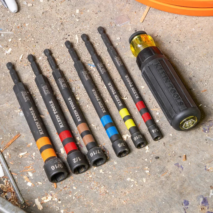 Klein 6-Piece Hollow Magnetic Color-Coded Ratcheting Power Nut Drivers, 1/4" Drive Size, Steel Alloy - 32950
