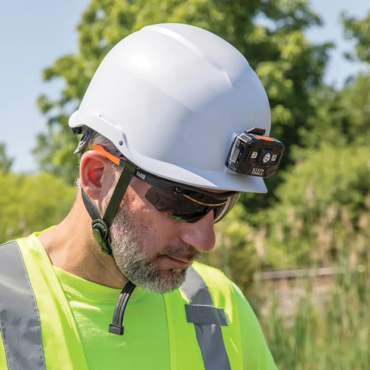 Klein Non-Vented Safety Helmet with Rechargeable Headlamp, Class E, White - 60146