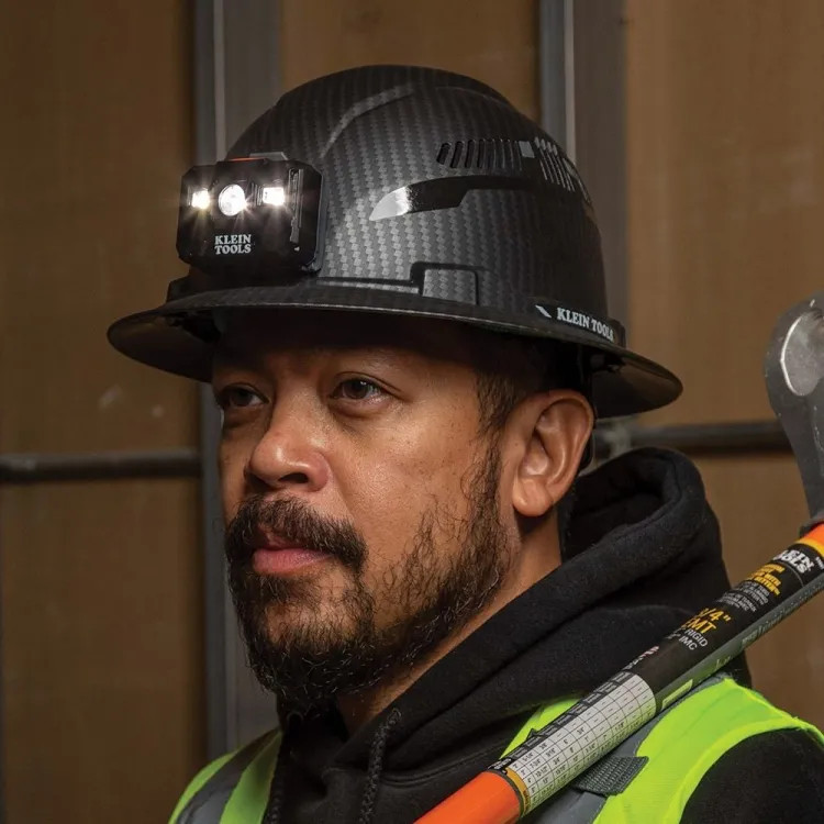 Klein Non-Vented Hard Hat with Rechargeable Headlamp, Full Brim, Class E, Premium KARBN Pattern - 60346