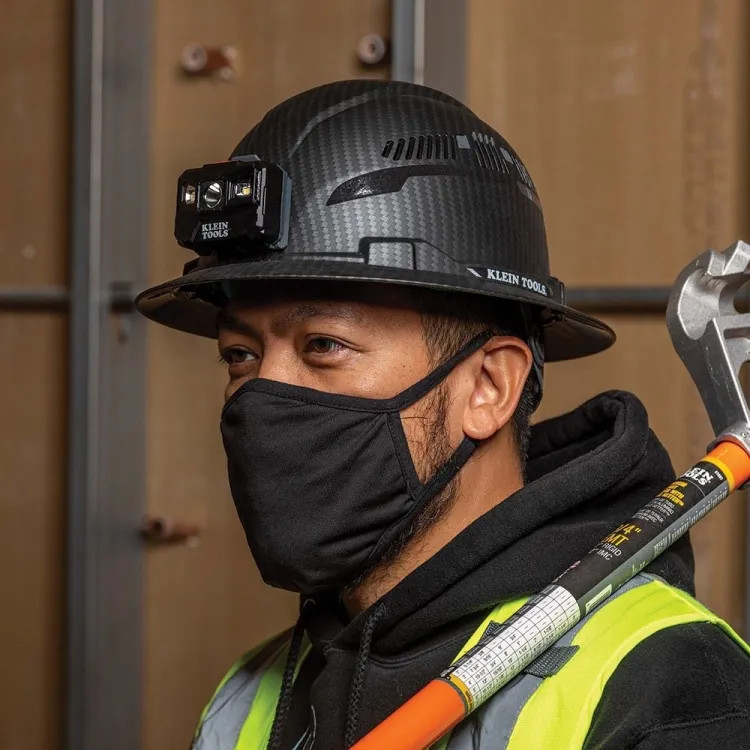 Klein Vented Hard Hat with Rechargeable Headlamp, Full Brim, Class C, Premium KARBN Pattern - 60347