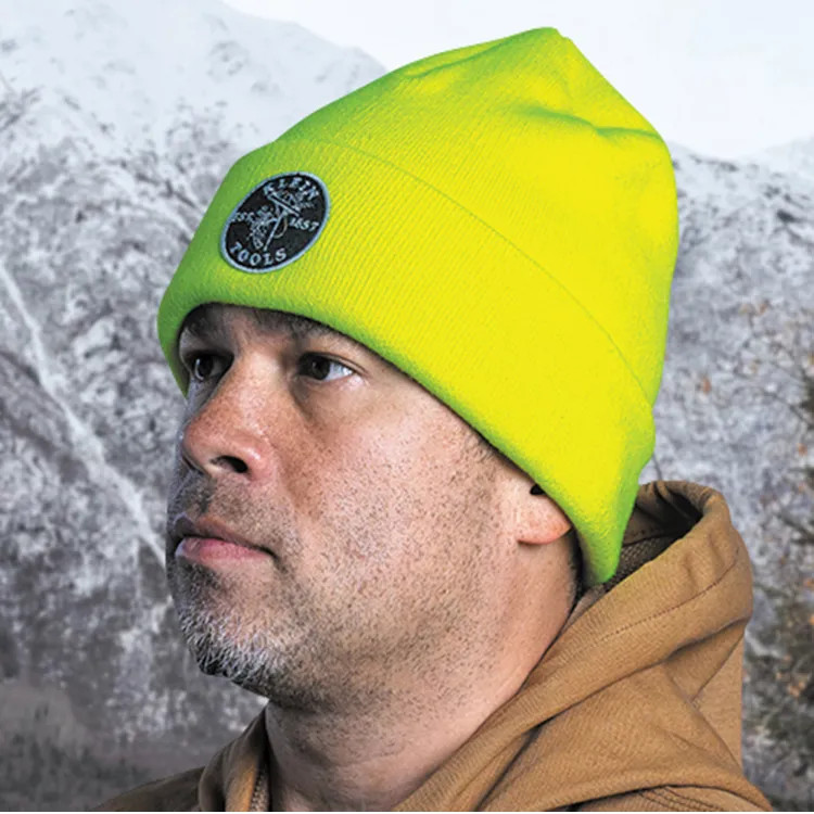 Klein Heavy Knit Hat with Patch Logo, Polyester/Spandex, High-Visibility Yellow, One Size - 60568