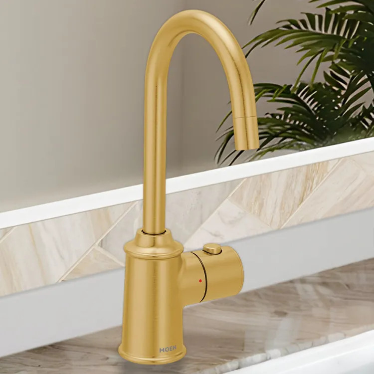 Moen SIP Traditional Instant Hot Water Beverage Faucet, Single-Knob Handle with Push Button, High Arc, Open Vent, 1.5 GPM, Brushed Gold - IH7600BG