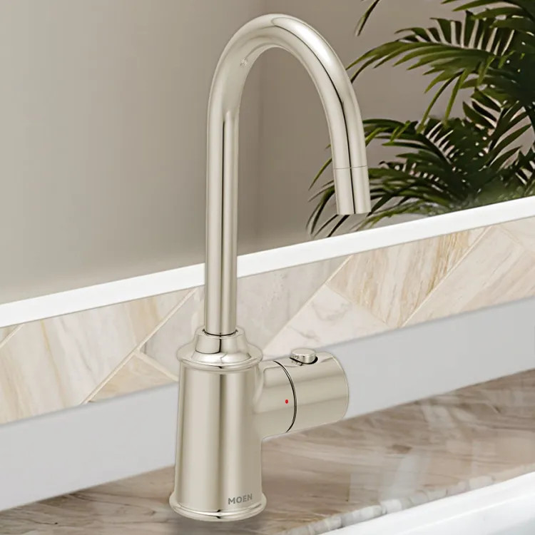 Moen SIP Traditional Instant Hot Water Beverage Faucet, Single-Knob Handle with Push Button, High Arc, Open Vent, 1.5 GPM, Polished Nickel - IH7600NL