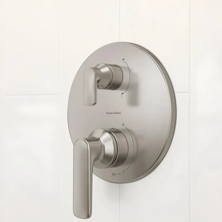 American Standard Aspirations Two-Handle Pressure Balance Valve Trim with Diverter, Discrete Cartridge, 2 or 3-Way, Brushed Nickel - TU061740.295