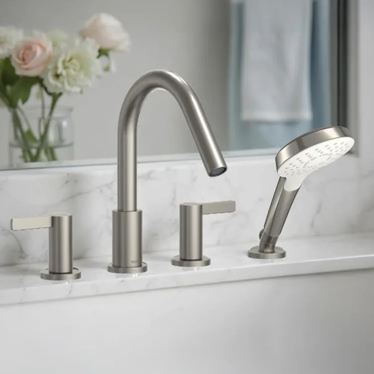 TOTO GF Four-Hole Roman Tub Filler Trim With Handshower, Two Lever Handles, Deck-Mount, Brushed Nickel - TBG11202UA#BN