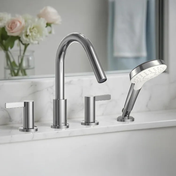 TOTO GF Four-Hole Roman Tub Filler Trim With Handshower, Two Lever Handles, Deck-Mount, Polished Chrome - TBG11202UA#CP