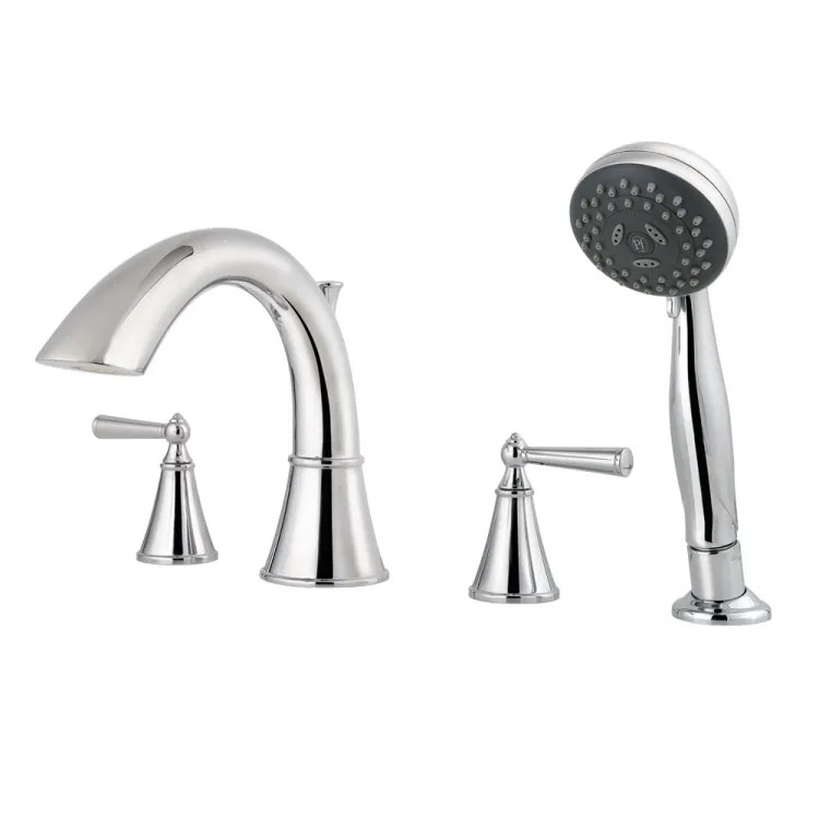 Pfister Saxton Two-Handle Roman Tub Faucet Trim with 1.8 GPM 3-Function Hand Shower, Lever Handles, High Arc, Brushed Nickel - RT6-4GLC