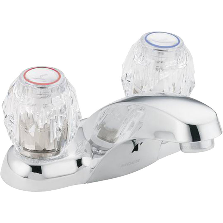 Moen Chateau Two-Handle Low Arc Chrome Centerset Bathroom Faucet, Clear Knob Handle, 1.2 GPM, WaterSense, Less Drain, Bulk Pack - 64900