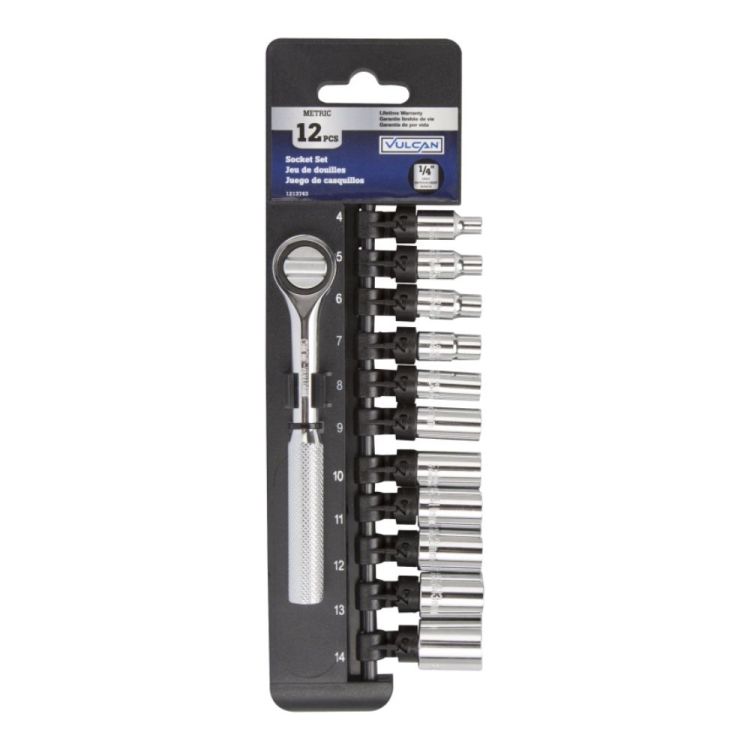 Vulcan 11-Piece Socket Set, 1/4" Drive, 6-Point, Chrome Vanadium Steel, Chrome - 12PC-2 