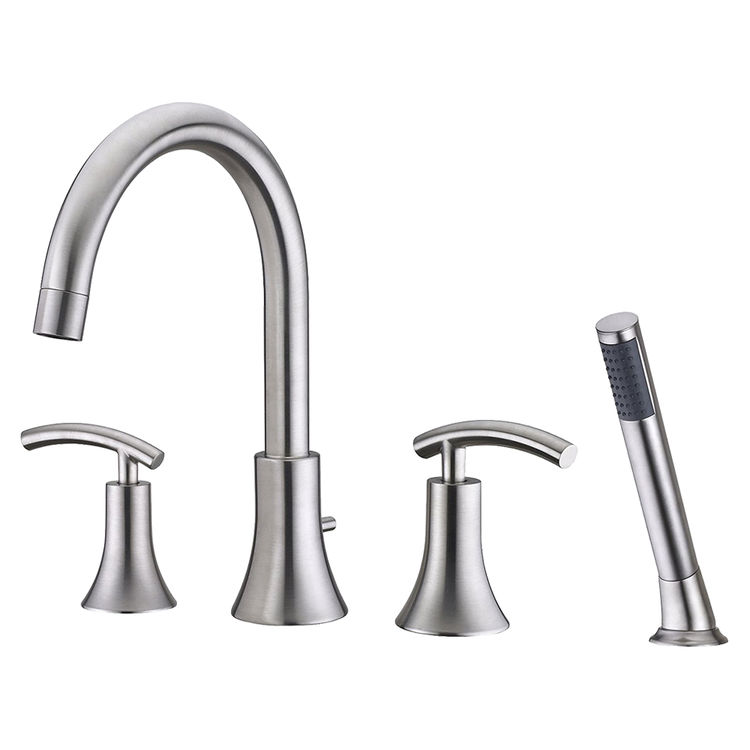 Ultra Faucets Sweep Two-Handle Roman Tub Faucet with 2.5 GPM Hand Shower, 4-Hole, NEOPERL Stream, Lever Handles, Brushed Nickel - UF65143