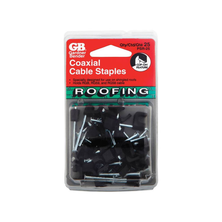 GB PSR-25 Low Voltage Coaxial Roofing Staple, 1/4 in Crown, Plastic, Black