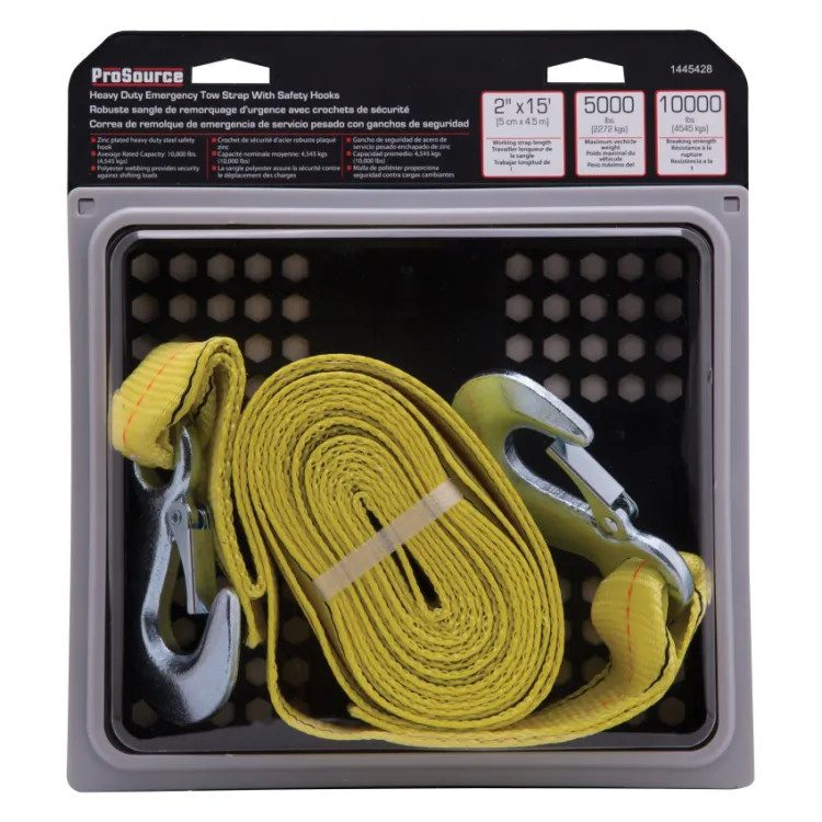 ProSource 15' x 2" Emergency Tow Strap with Steel Hook End, 1000 lb Capacity, Polyester Webbing - FH64061