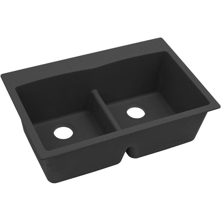 Elkay Quartz Classic 33" x 22" x 10", Equal Double Bowl Drop-in Sink with Aqua Divide, Black - ELGDLB3322BK0