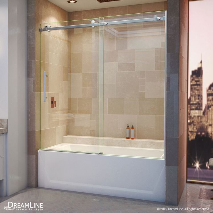 DreamLine Enigma Air 56-60" W x 62" H Frameless Sliding Tub Door in Brushed Stainless Steel - SHDR-64606210-08
