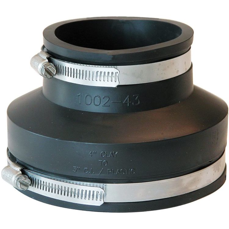 Fernco 1002 Flexible Pipe Reducing Stock Coupling, 4 X 3 in x 3.91 in, Clay X Cast Iron/Plastic, 4.3 psi, PVC