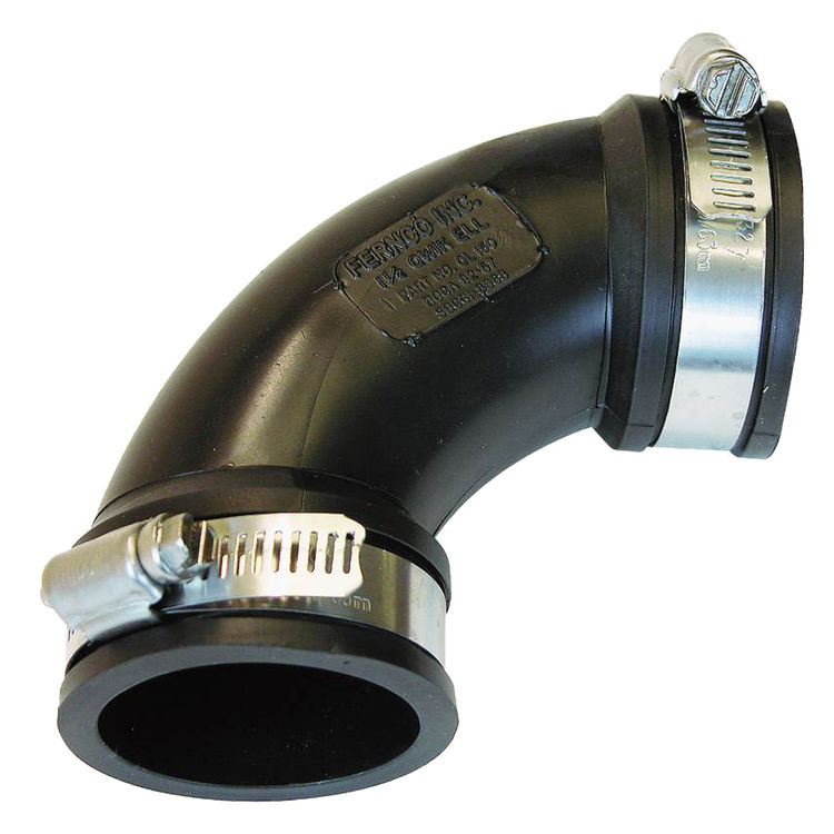 Fernco PQL-150 Flexible Dwv Pipe Elbow, 90 deg, 1-1/2 in, Mechanical Joint, 4.3 psi, PVC
