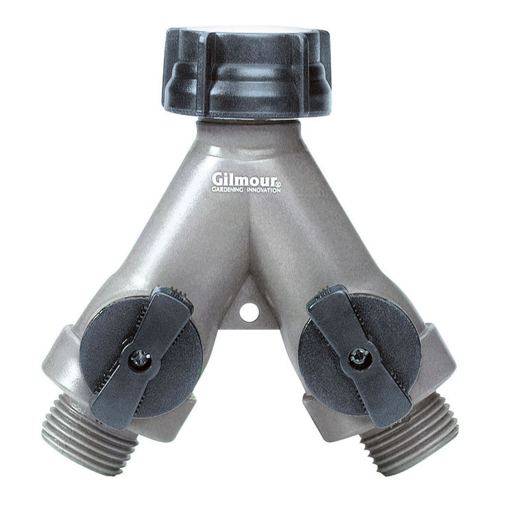 Gilmour AY2FF Full Flow Hose Wye With Dual Shut-Off Valve, Swivel, Plastic
