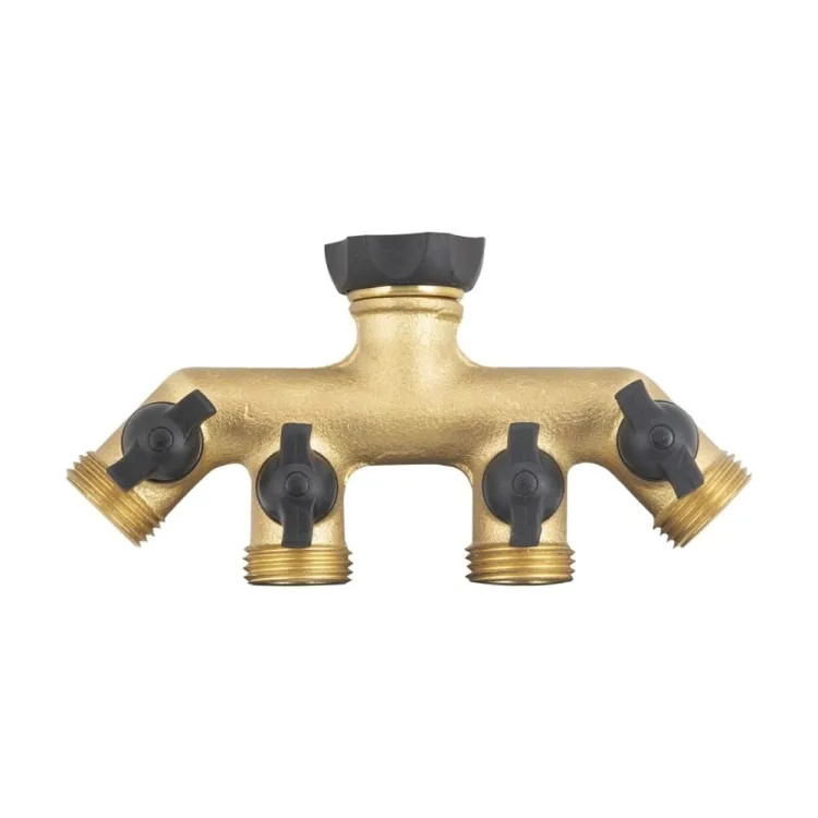 Landscapers Select 4-Way Brass Manifold Tap Connector with Built-In Shut-off Valves, 3/4" Female - GB9114A