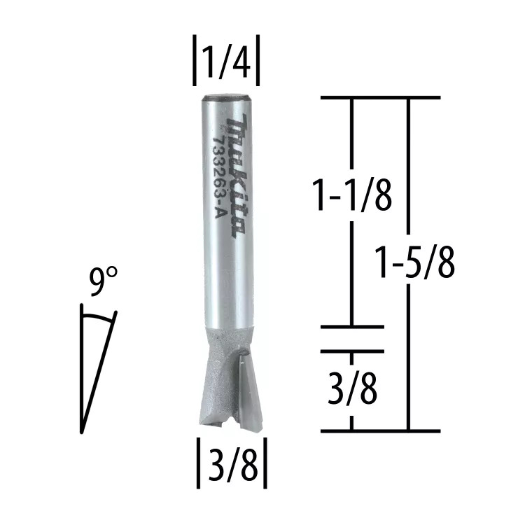 Makita 9 Degree Dovetail Router Bit, 1/4",SH, C.T. - 733263-A