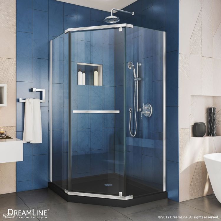 DreamLine Prism 42" x 74 3/4" Frameless Neo-Angle Pivot Shower Enclosure in Chrome with Black Base Kit - DL-6033-88-01